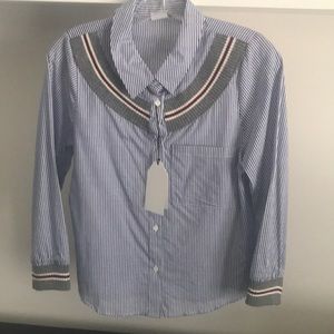 Junior button down top blue with white stripes